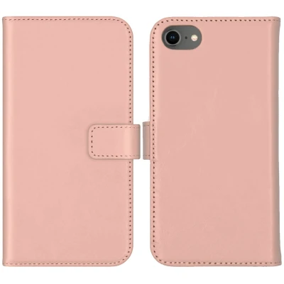 Abbildung von Apple iPhone SE (2022) Hülle Echtleder Selencia Klapphülle Handyhülle Rosa