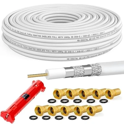 Abbildung von HB DIGITAL 50m Koaxialkabel SAT HQ 135dB PRO inkl. Abisolierer + 10 F Stecker vergoldet GRATIS dazu Satellit Antennenkabel 4 Fach geschirmt für DVB S/S2 C/C2 T/T2 DAB+ Radio BK Anlagen
