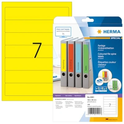 Abbildung von HERMA 5091 Ordnerrücken Etiketten kurz schmal, 20 Blatt, 192 x 38 mm, 7 pro A4 Bogen, 140 Stück, selbstklebend, bedruckbar, blickdicht, blanko Papier Ordneretiketten Rückenschilder Aufkleber, gelb