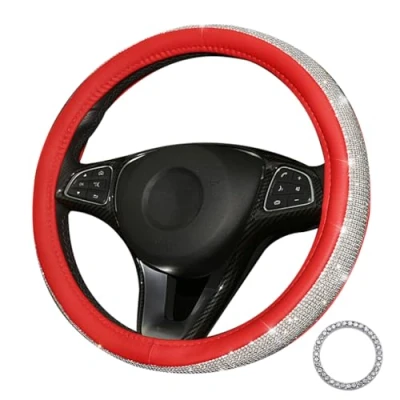Abbildung von Lifetooler Lenkradbezug Glitzer mit Bling Strass Lenkradhülle Leder Strasssteine Atmungsaktive Universal 38cm/15 Inch Bequem Anti Rutsch Auto Accessoires für Frauen (rot weiß)