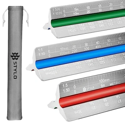 Abbildung von Stylo 30 cm Aluminium Architektonisches Lineal, dreieckig, Metrische Skalen 1:20, 1:25, 1:50, 1:75, 1:100, 1:125, Ideal für Architekten, Studenten, Zeichner, Ingenieure (Grau, Einheiten)