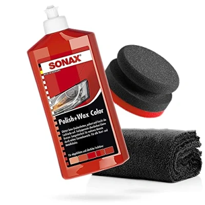 Abbildung von detailmate SONAX Hand Polier Set Polish+Wax Color rot 500ml + Handpolierschwamm Puck im Verbundaufbau hart Ø90/50mm Edgeless Superflausch Mikrofaser Poliertuch 550GSM