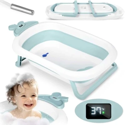 Abbildung von Ricokids RK 282 Babybadewanne mit integriertem Thermometer aus Silikon Stöpsel, Klappbarem Gestell Faltbar Temperaturanzeige Reisebadewanne für Kleinkinder Weiß, Blau
