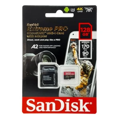 Abbildung von SanDisk Extreme Pro 128GB microSDXC Memory Card + SD Adapter with A2 App Performance Rescue Deluxe 170MB/s Class 10, UHS I, U3, V30