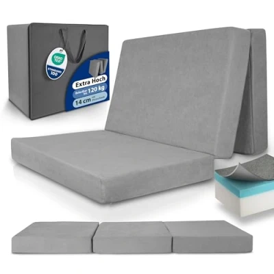 Abbildung von Beautissu Premium XXL Klappmatratze 120x200cm Gästebett faltbar inkl. Husse extra dick 14cm Visco Matratze optimaler Härtegrad H3 hoher Schlafkomfort waschbar Gästematratze klappbar Anthrazit