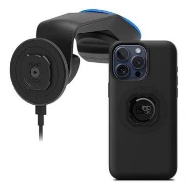 Abbildung von Quad Lock Windschutzscheibe /Armaturenbrett Saugnapfhalterung Handyhalterung Auto mit MAG Wireless Charging Head V2 und iPhone 15 Pro Max Hülle