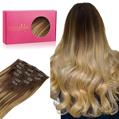 Abbildung von WENNALIFE Clip in Extensions Echthaar, 35cm 14 Zoll 120g 7pcs Balayage Schokoladenbraun bis Dirty Blonde Hair Echthaar Remy Haarverlängerung Natürliche