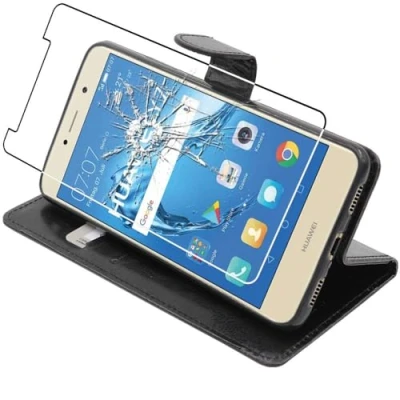 Abbildung von ebestStar kompatibel mit Huawei Y7 Hülle Kunstleder Wallet Case Handyhülle (PU Leder), Kartenfächern, Standfunktion, Schwarz + Panzer Schutz Glas