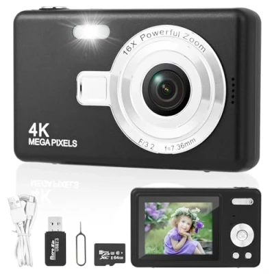 Abbildung von Digitalkamera Fotokamera mit 64GB Karte,Tragbare Fotoapparat 2,4&quot; LCD Bildschirm,HD 1080P Kompaktkamera,40MP Fotoapparat,8X Digital Zoom Kamera für Teenager,Anfänger (Schwarz)