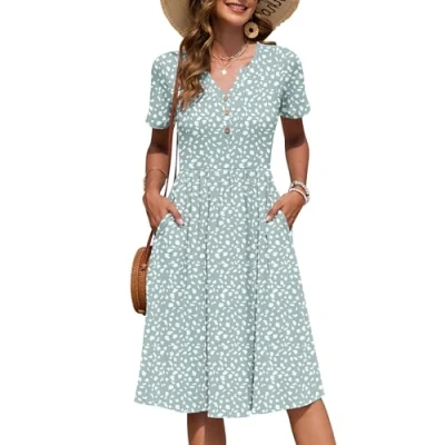 Abbildung von AUSELILY Damen Kurzarm Sommerkeider Knielange Sommer Kleider V Ausschnitt mit Knöpfen Empire Midikleid Taschen Grüner Fleck S