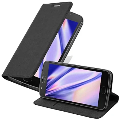 Abbildung von Cadorabo Hülle kompatibel mit Motorola MOTO E4 PLUS aus Premium Kunst Leder Flip Klappbare Stoßfeste Magnetische [Standfunktion] [Kartenfächern] Cover für Tasche in Schwarz