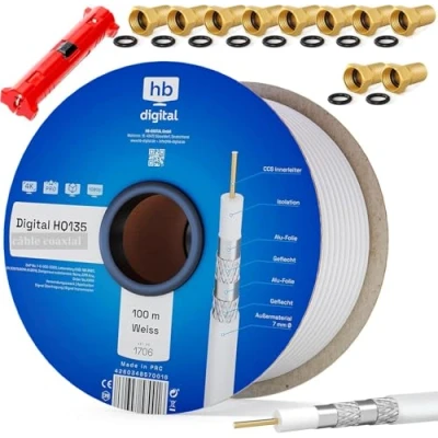 Abbildung von HB DIGITAL 100m Koaxialkabel SAT HQ 135dB PRO inkl. Abisolierer + 10 F Stecker vergoldet GRATIS dazu Satellit Antennenkabel 4 Fach geschirmt für DVB S/S2 C/C2 T/T2 DAB+ Radio BK Anlagen
