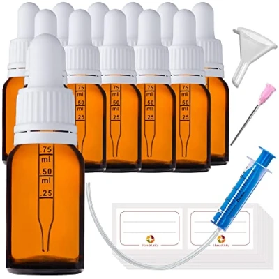 Abbildung von HandsUnity 10 ml 12 Stück Pipettenflaschen, kleine Glasflaschen Apotheker aus bernsteinfarbenem Glas mit Pipettendeckel, weiß, inkl. 29 Zubehörteile braunem
