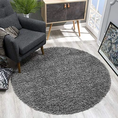Abbildung von SANAT Teppich Rund Grau Hochflor, Langflor Modern Teppiche fürs Wohnzimmer, Schlafzimmer, Esszimmer oder Kinderzimmer, Größe: 120x120 cm