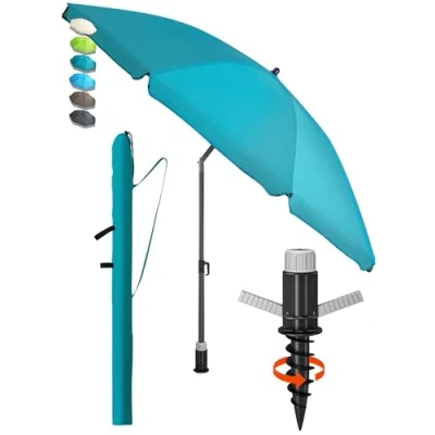 Abbildung von 4smile Sonnenschirm Strand SunnyJoy, 3 IN 1 Set UPF 50+ Strandschirm 180 cm + Schutzhülle Bodenhülse windfest stabil, Sonnenschutz Strand, Türkis