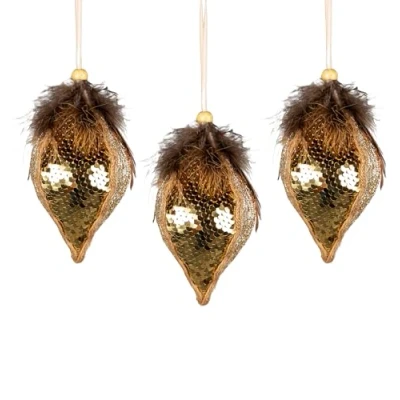 Abbildung von 3 Stück goldene Pailletten Tropfen Kugeln 14 cm Weihnachtsbaum hängende Dekorationen Festliche dekorative Ornamente Märchen Thema Anhänger