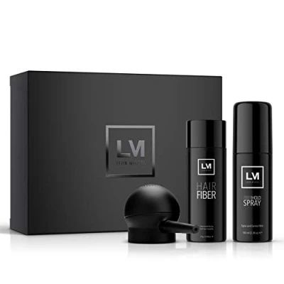 Abbildung von LEON MIGUEL All In One Box Hair Fiber, Fiber Hold Spray + Applicator Premium Streuhaar/Schütthaar mit Soforteffekt bei Geheimratsecken, Haarausfall und lichtem Haar Haarpuder (Mittelblond)