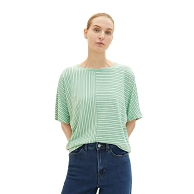 Abbildung von TOM Tailor Gestreiftes Tshirt print, Damen, Größe: Large, Green white horizontal stripe