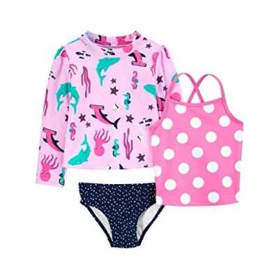 Abbildung von Simple Joys by Carter&#039;s Baby Mädchen 3 Piece Assorted Rashguard Rash Guard Set, Marineblau Punkte/Rosa Tupfen/Meereswelt, 6 Monate