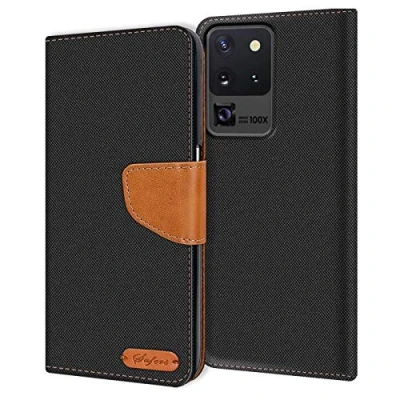 Abbildung von Verco kompatibel mit Samsung Galaxy S20 Ultra Hülle, Schutzhülle für Tasche Denim Textil Book Case Flip Klapphülle Schwarz