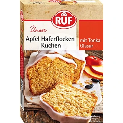Abbildung von RUF Apfel Haferflocken Kuchen mit Glasur, schnelle Backmischung für einen Rührkuchen frischen Äpfeln und kernigen Haferflocken, vegan