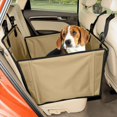 Abbildung von Extra Stabiler Hunde Autositz Verstärkter für kleine und mittlere mit 4 Befestigungsgurten Hochwertiger wasserdichter Hundeautositz den Rücksitz im Autos (M Größe, Beige)