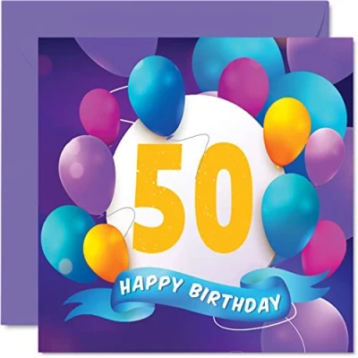 Abbildung von Geburtstagskarte zum 50. Geburtstag für Männer und Frauen Ballon Party Happy Birthday Cards 50 Jahre alt Mann Frau Mutter Vater Tante Onkel Großvater Oma Bruder Schwester 145 mm x