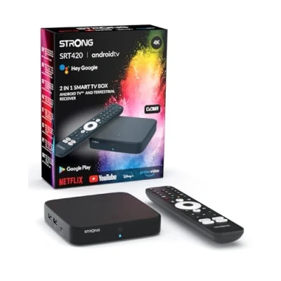 Abbildung von STRONG SRT 420 Android TV Box Smart Upgrade DVB T2 4K UHD Auflösung Google Assistant HDTV Empfang über Zimmer oder Außenantenne Play Store Netflix, Prime Video, YouTube UVM.