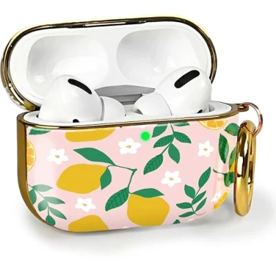 Abbildung von MyGadget Hardcase Hülle [ Zitronen Motiv ] kompatibel mit Apple AirPods Pro (1.Gen 2019) Qi Karabiner LED Licht sichtbar Rosa Gelb