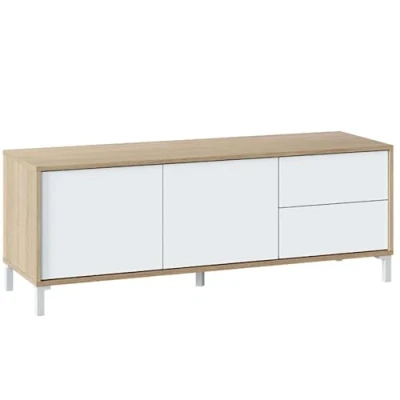 Abbildung von Wohnzimmer TV Ständer bestehend aus einem Modul mit zwei Türen und Schubladen, Eiche weiße Farbe, 130 x 47 41 cm