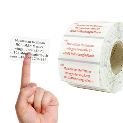 Abbildung von GoodMarkt selbstklebende personalisierte Adressetiketten 60x30 mm, ab 50 Labels/Rolle, Kunststoff transparent wasserfestes und reißfestes Adressaufkleber Namensaufkleber für Briefe, Bücher