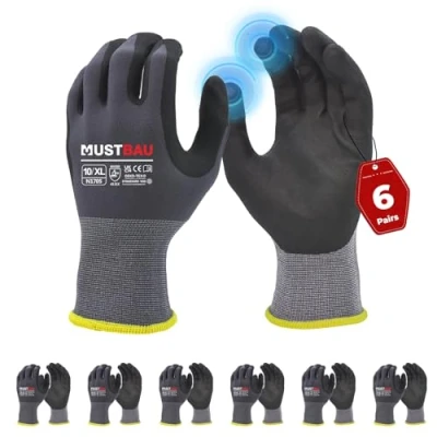 Abbildung von Mustbau Arbeitshandschuhe Schwarz mit Touchscreen, Herren Nitril Beschichtung für Montagearbeit，Mechaniker, Gartenarbeit und Bauarbeiten, Gr. XL, 6 Paare
