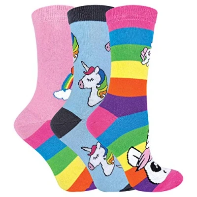 Abbildung von sock snob 3er Pack Kinder Jungen Mädchen Regenbogen Einhorn Socken mit Bunt Streifen (27 30, Regenbogen)