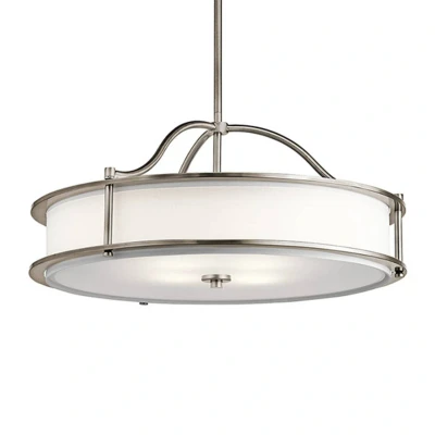 Abbildung von Kichler KL Emory P M CLP Hängeleuchte 4xE27 Klassisches Zinn, Stoff creme,Glasdiffusor H:29cm Ø:61cm dimmbar höhenverstellbar