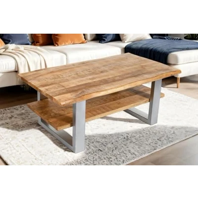Abbildung von SAM Couchtisch 115x65 cm Patrick, Sofatisch/Beistelltisch mit Ablage, Mangoholz massiv, raue &amp; naturbelassene Oberfläche lackiert, U Metallgestell Silber, echte Baumkante