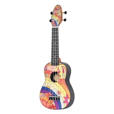 Abbildung von Ortega Guitars Sopran Ukulele bunt Linkshänder Keiki K2 Starterkit inklusive Tuner, Gurt, 5 Medium Plektren &amp; Kordelzugtasche Kauriholz peace &#039;68 (K2 68 L)