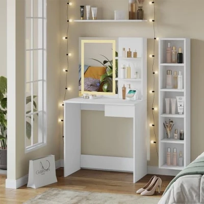 Abbildung von Vicco Schminktisch Dekos, Weiß, 75 cm mit LED Spiegel und QI Ladestation