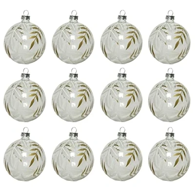 Abbildung von Kaemingk Weihnachtskugeln Glas 8cm x 12 Stück mit Blätter Muster Christbaumkugeln weiß Gold Klar transparent