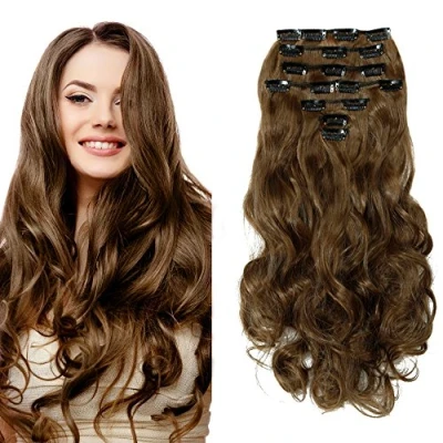 Abbildung von SEGO Clip in Extensions Haarverlängerung Haarteil 8 Tressen wie Echthaar gewellt Weissbraun 24&quot;(61cm)