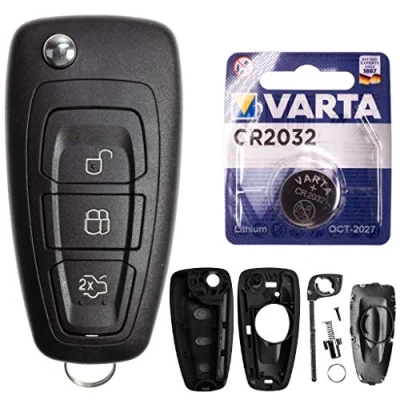 Abbildung von mt key Auto Klapp Schlüssel Gehäuse 3 Tasten + HU101 Rohling VARTA CR2032 Knopfzelle, (3 V), für Ford Transit Focus III Galaxy II Fiesta Funk Fernbedienung
