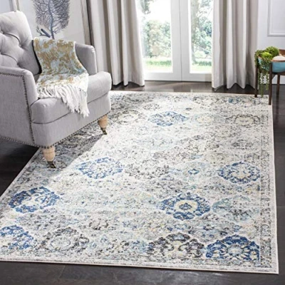 Abbildung von SAFAVIEH Distressed Teppich für Wohnzimmer, Esszimmer, Schlafzimmer Madison Collection, Kurzer Flor, Elfenbein und Aqua, 155 X 229 cm