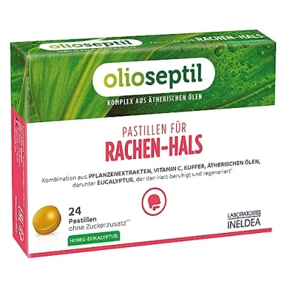 Abbildung von OLIOSEPTIL Pastillen für Rachen Hals ohne Zuckerzusatz Pflanzenextrakten, Vitamin C, Kupfer und ätherischen Ölen Hilft Beruhigt den gereizten Honig Eukalyptus 24