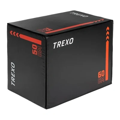 Abbildung von TREXO Jump Box Plyo Soft 3in1 Sides mit den Maßen 50 x 60 75 cm und einem Gewicht von 8 kg Plyometrische Sprungbox weichem Eva Schaum Hohe Festigkeit bis zu 130 Sprungkasten Schwarz