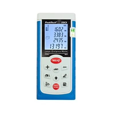 Abbildung von PeakTech Profi Laser Entfernungsmessgerät 0,05M … 60 M mit Beleuchteter LCD Anzeige und Wasserwaage, 1 Stück, P 2801