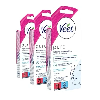 Abbildung von Veet PURE Kaltwachsstreifen Geeignet für sensible Haut Anwendung Gesicht Bis zu 28 Tage glatte 3 x 20 Doppelstreifen
