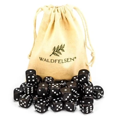 Abbildung von 6, 12, 20, 30 oder 50 hochqualitative Holzwürfel aus echtem Buchenholz von Waldfelsen® Augenwürfel Spielwürfel Holz in 16 mm Standardwürfel mit Stoffbeutel Würfelset (Schwarz, Stück)