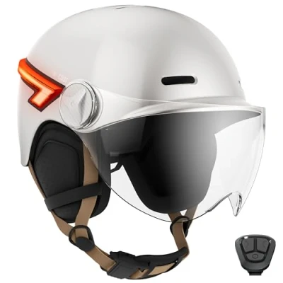 Abbildung von CASR Glow Helm, LED Schutzhelm für Urbane Mobilität, EPI Zertifiziert, cremefarben, Größe L, Visier trasparent &amp; abnehmbar, mit und Blinkern, Universal Fernbedienung, verstellbar