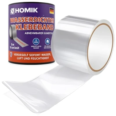 Abbildung von HOMIK 2Stk Je 10CM x 5M Extrem Starkes Transparent Wasserdichtes Klebeband Außen &amp; Innen Dichtungsband Wasserdicht UV Beständig Duct Tape Selbstverschweißendes