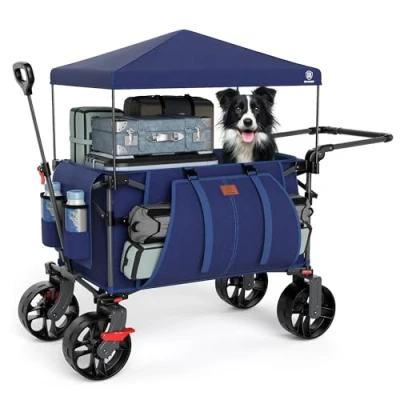 Abbildung von EVER ADVANCED XXL Bollerwagen faltbar 225L bis 150kg mit Bremse Dach Handwagen schieben&amp;ziehen klappbar Strandwagen 20 * 8cm breite Räder Faltwagen für Camping Strand Einkauf Tier