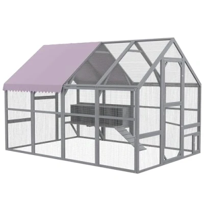 Abbildung von PawHut Hühnerstall Freilaufgehege aus Holz, mit Tür, Nistkasten, Dach, Rampe, 280 x 185,5 188 cm Außengehege für 8 12 Hühner, Grau